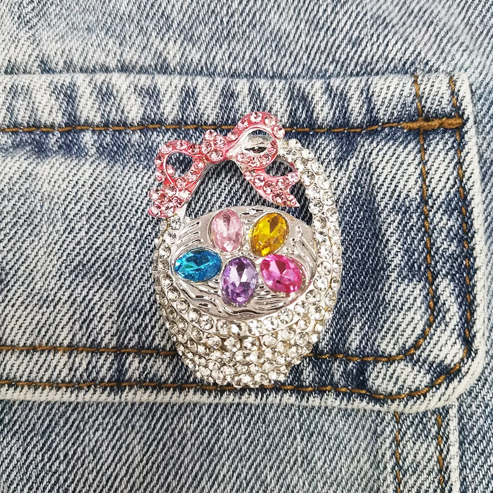 2 Colors Pink Crystal Rhinestone Basket Easter Egg Brooch Pin