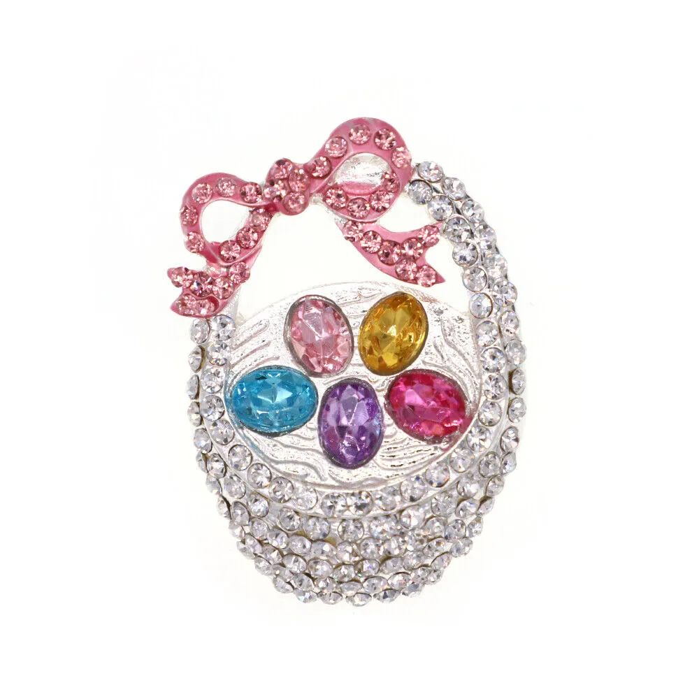 2 Colors Pink Crystal Rhinestone Basket Easter Egg Brooch Pin