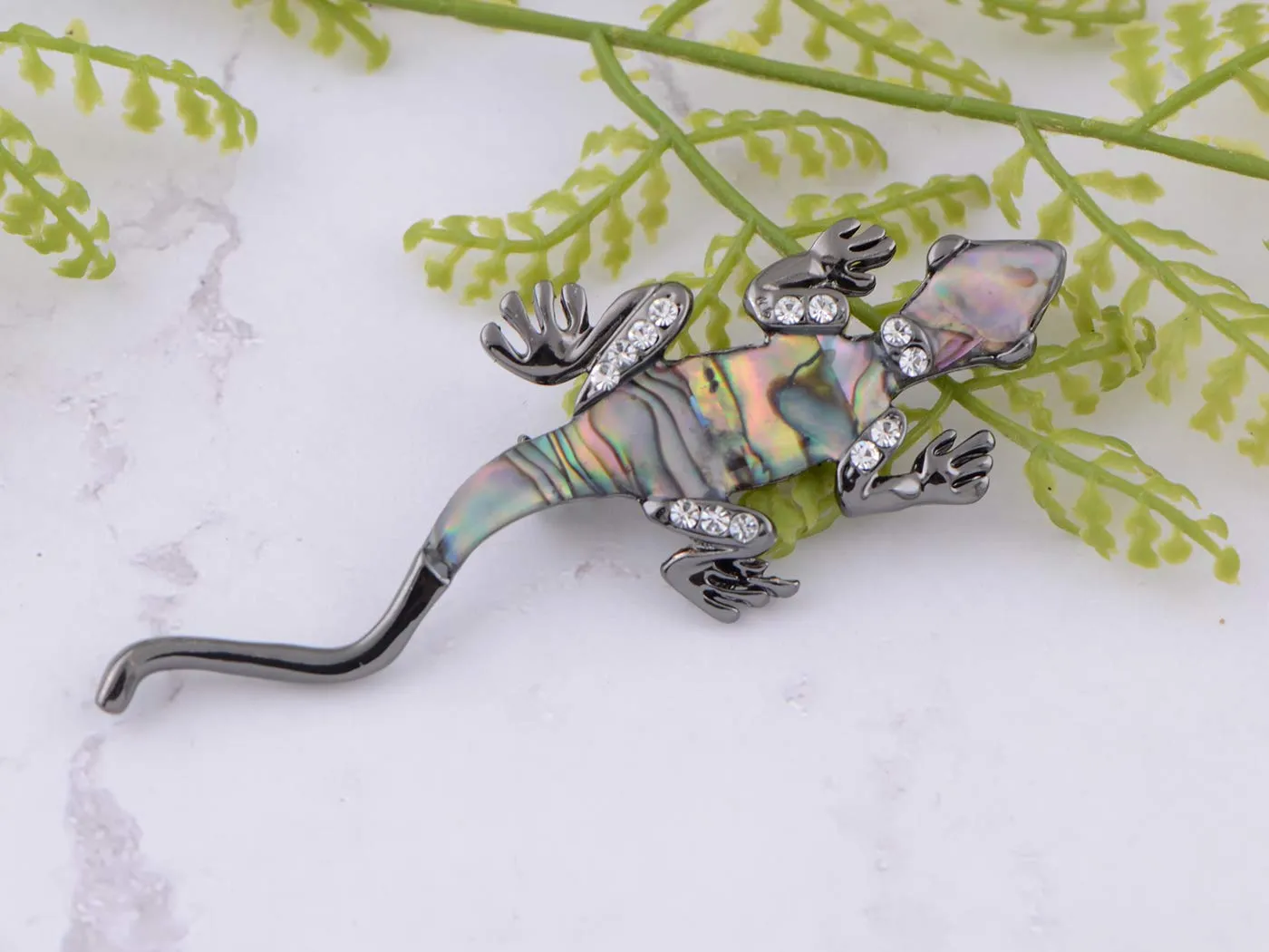 Alilang Gunmetal Clear Crystal Colored Rhinestones Abalone Lizard Brooch Pin