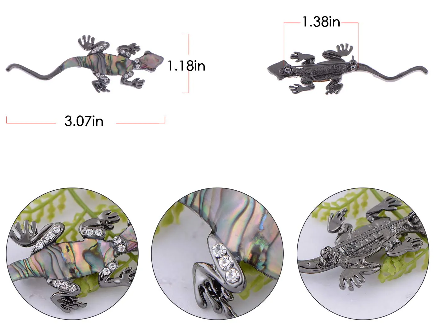 Alilang Gunmetal Clear Crystal Colored Rhinestones Abalone Lizard Brooch Pin