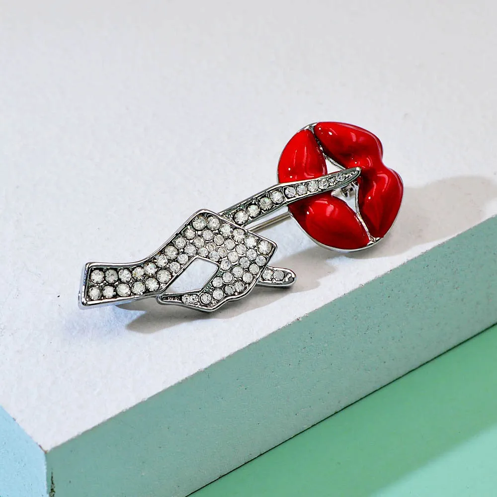Be Quiet Gesture Brooch Rhinestone Hand Red Lip Pin