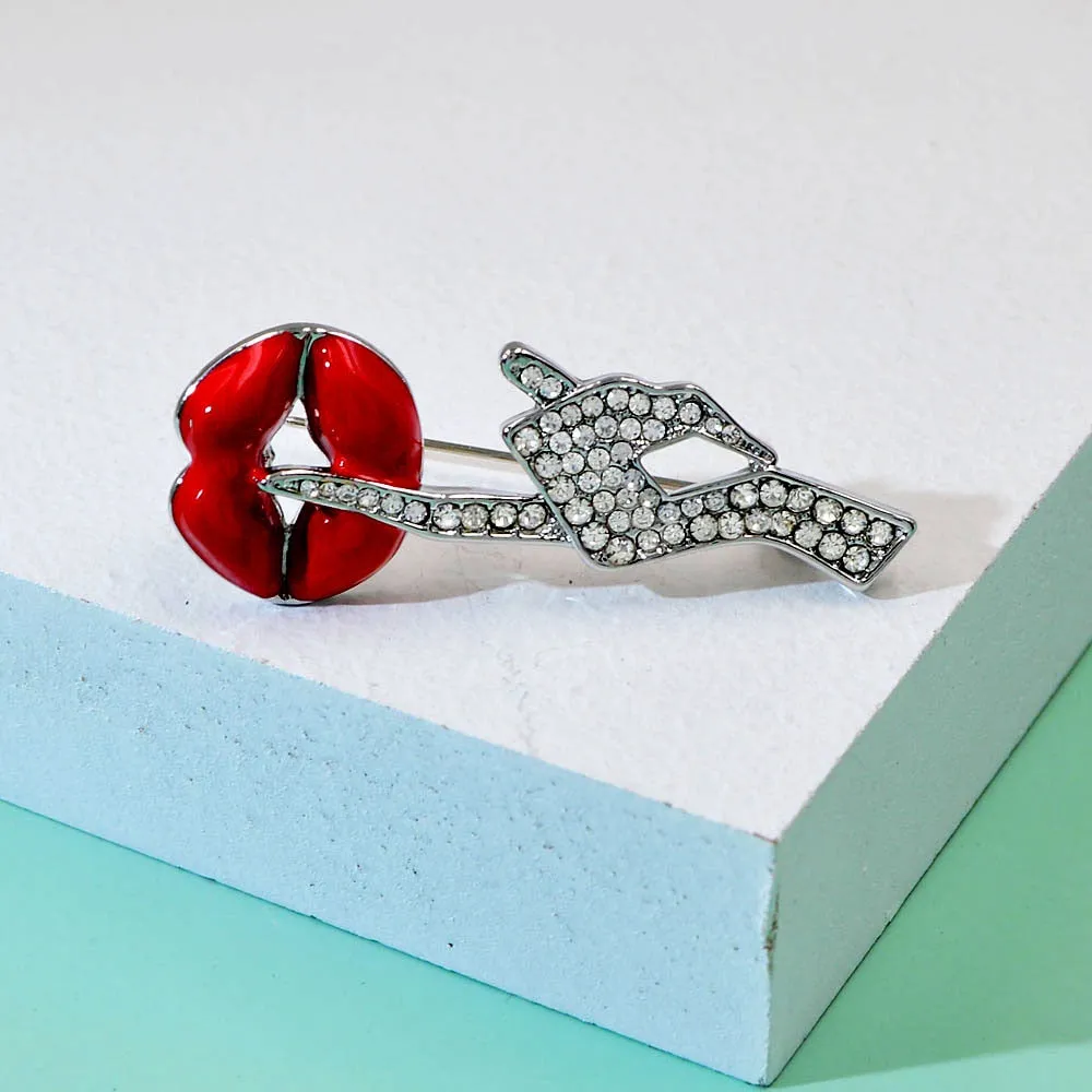 Be Quiet Gesture Brooch Rhinestone Hand Red Lip Pin