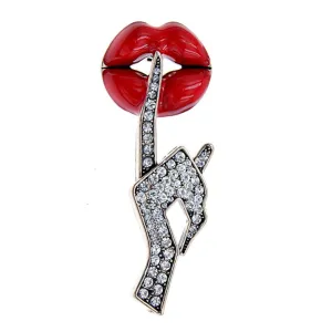 Be Quiet Gesture Brooch Rhinestone Hand Red Lip Pin