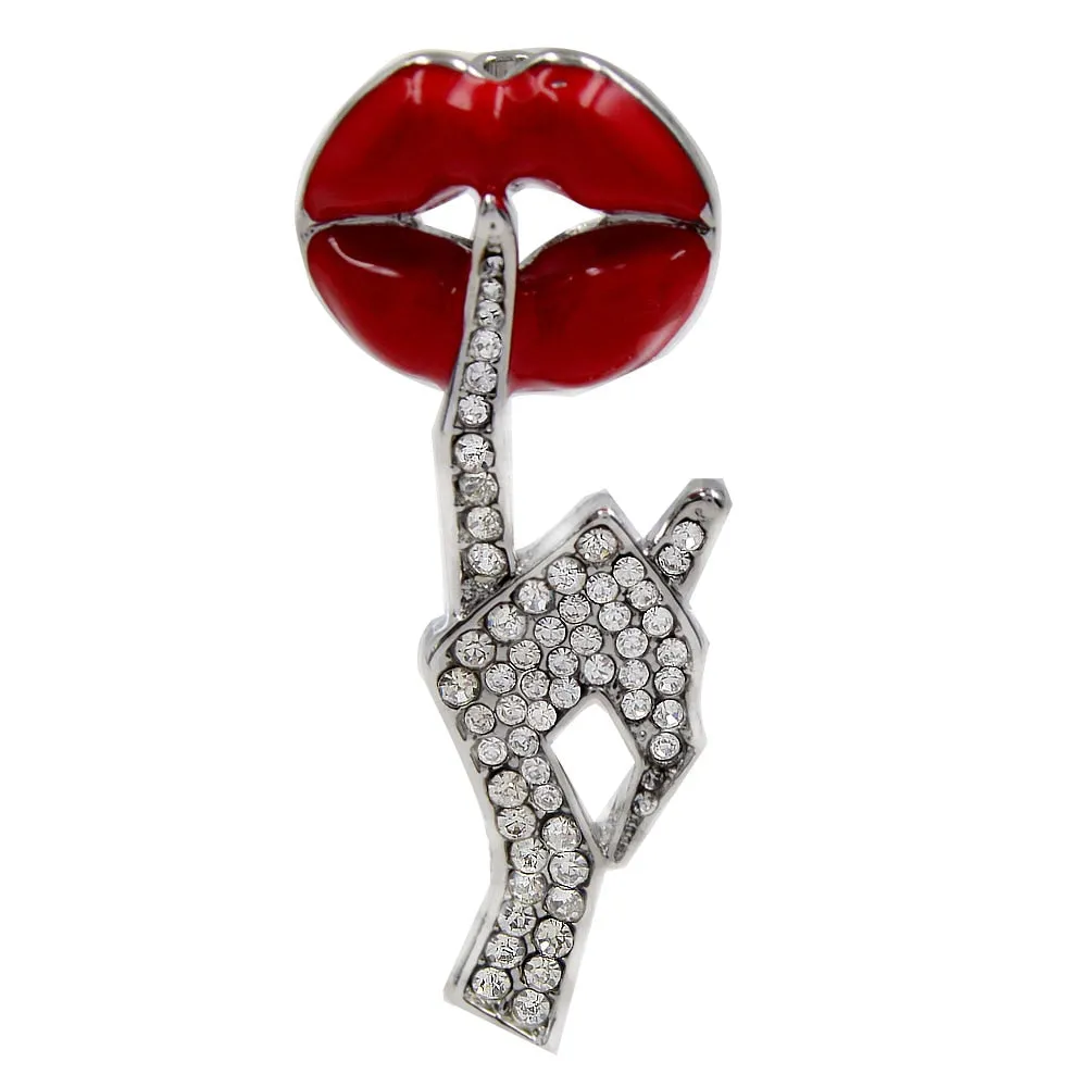 Be Quiet Gesture Brooch Rhinestone Hand Red Lip Pin