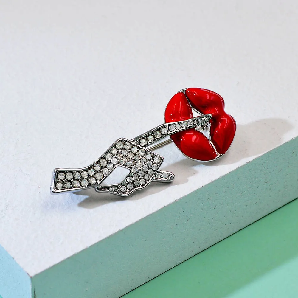 Be Quiet Gesture Brooch Rhinestone Hand Red Lip Pin