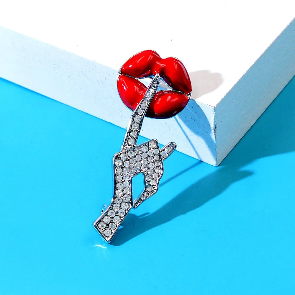 Be Quiet Gesture Brooch Rhinestone Hand Red Lip Pin