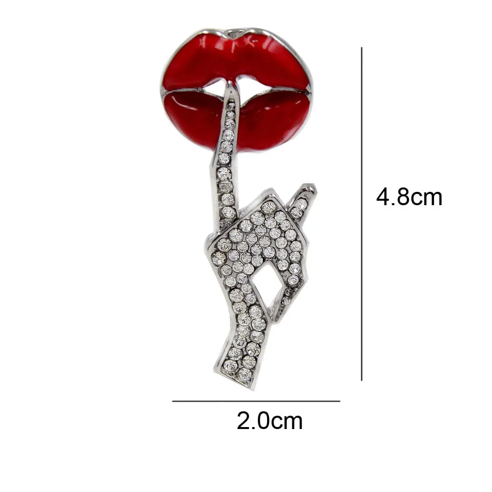 Be Quiet Gesture Brooch Rhinestone Hand Red Lip Pin