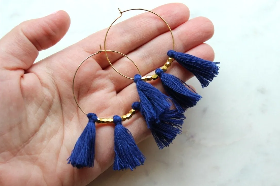 Blue Fringe Earrings, Blue Tassel Earrings, Blue Tassel Jewelry, Blue and Gold Jewelry, Blue and Gold Earrings, Gold Hoop Earrings, Gameday