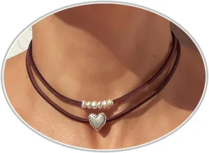 Boho Necklaces for Women Layered Leather Necklaces Suede Choker Necklace Vintage Bohemian Heart Necklace Turquoise Necklace Trendy Western Necklaces Jewelry Present
