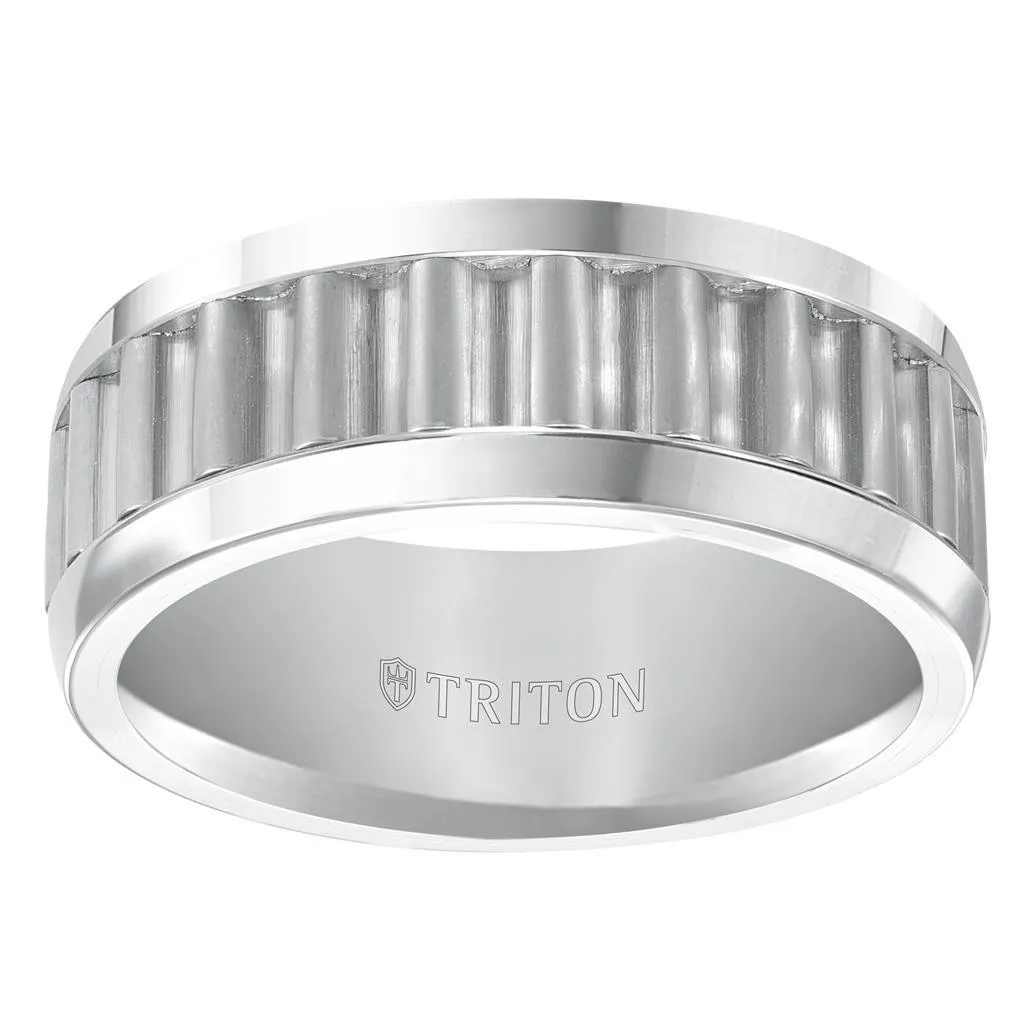 CARRICK Triton Rings CARRICK White Tungsten Ring With Horizontal Gear Teeth Center 9mm