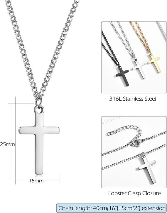 CERSLIMO Cross Necklace for Boys Girls, Stainless Steel Cross Chain Necklace with Chain-40 5CM | Silver/Gold/Black Small Size Cross Necklaces