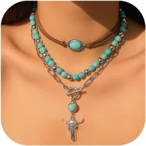 CSIYANJRY99 Layered Western Necklaces for Women Vintage Turquoise Beaded Western Jewelry for Women Ox-head Cactus Cross Chain Necklaces Country Concert Cowgirl Dresses Accessories