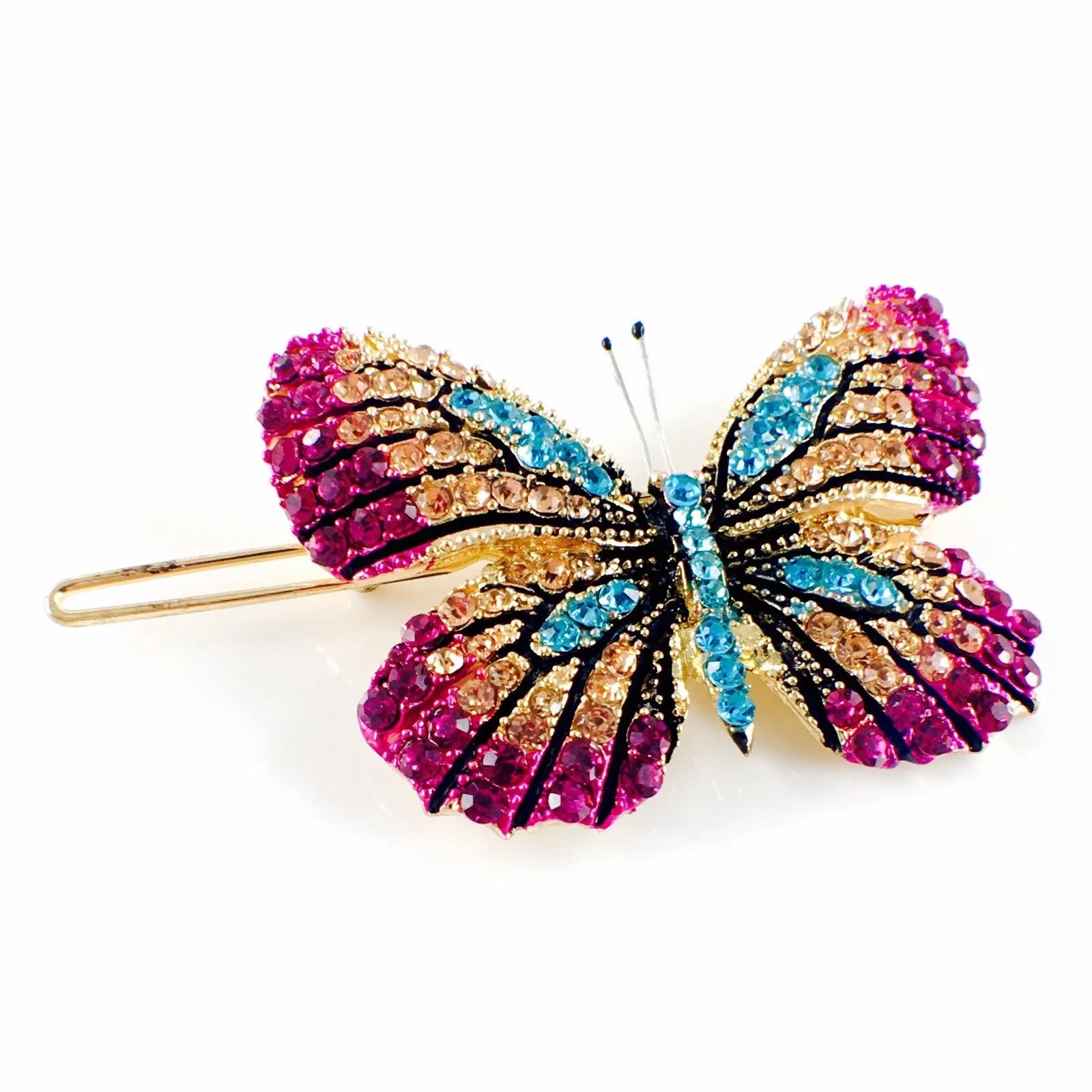 Fairy Butterfly Hair Clip Swarovski Crystal gold base multi colors Fuchsia Magenta Brown Blue