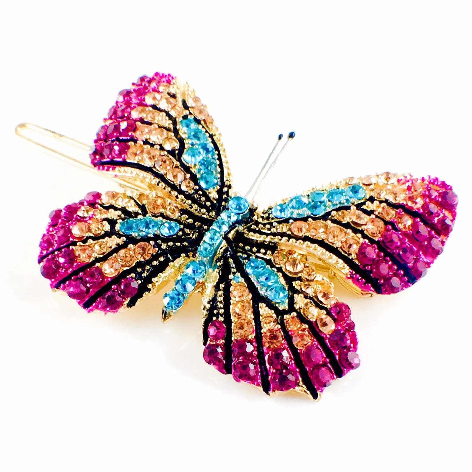 Fairy Butterfly Hair Clip Swarovski Crystal gold base multi colors Fuchsia Magenta Brown Blue