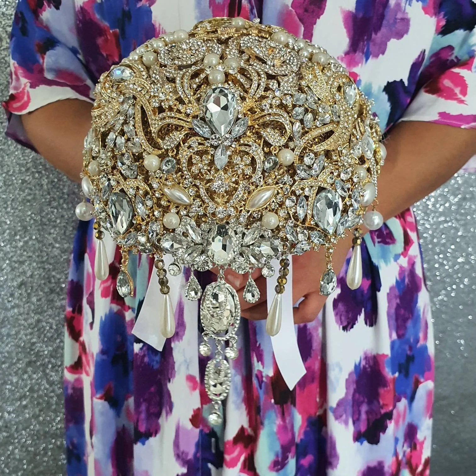 Gold Crystal cascade brooch RTS 8" bouquet, jewel bouquet, alternative Great Gatsby style wedding flowers. by Crystal wedding uk
