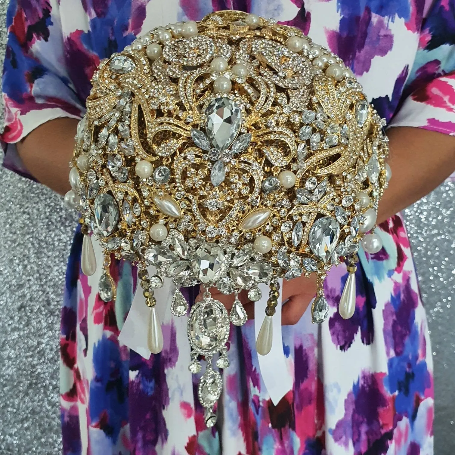 Gold Crystal cascade brooch RTS 8" bouquet, jewel bouquet, alternative Great Gatsby style wedding flowers. by Crystal wedding uk