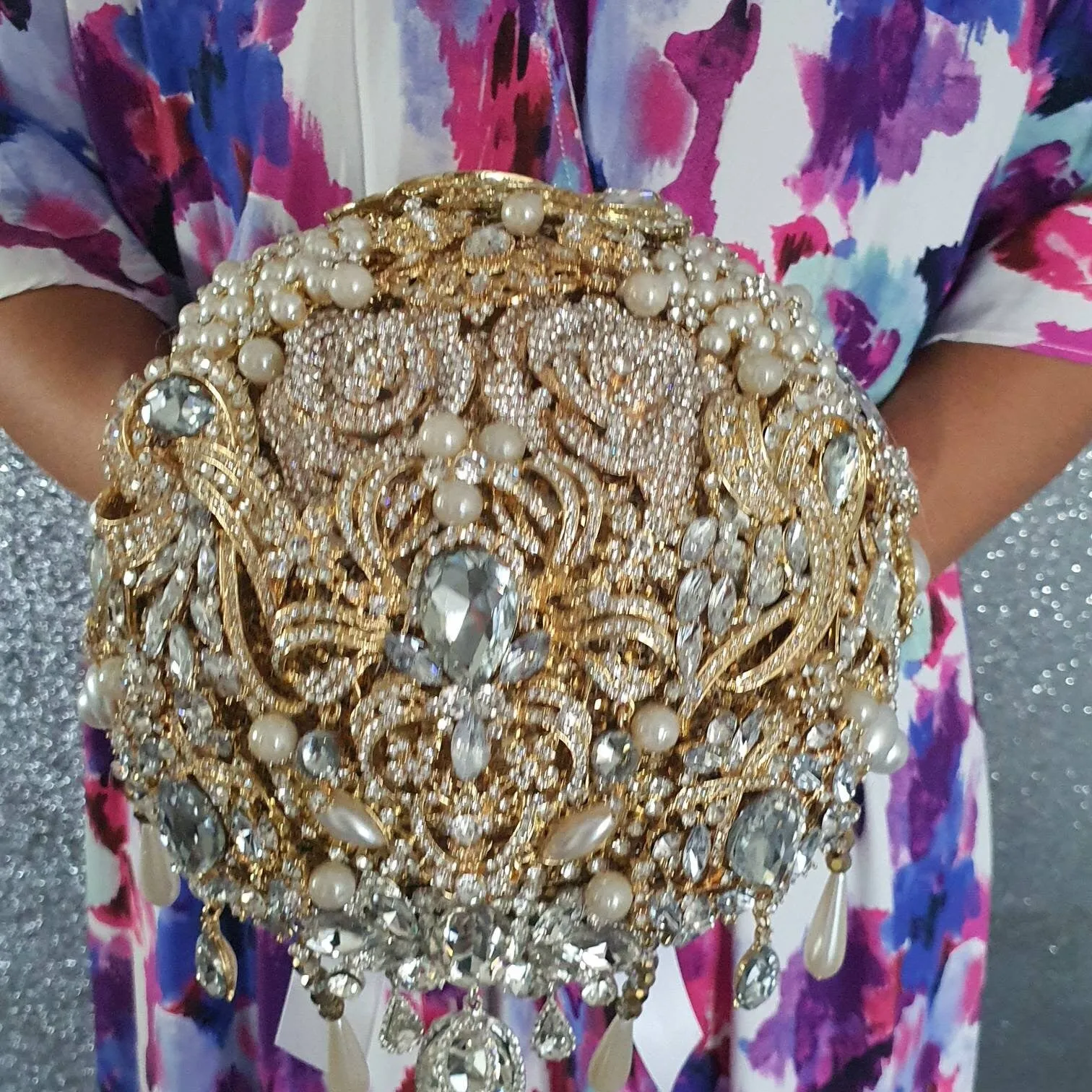 Gold Crystal cascade brooch RTS 8" bouquet, jewel bouquet, alternative Great Gatsby style wedding flowers. by Crystal wedding uk