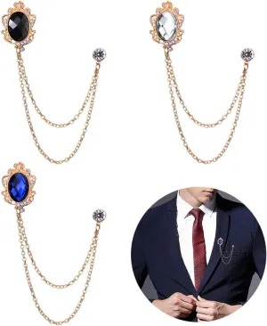Huture 3 Packs Men's Gem Brooch Lapel Pin Badge Hanging Chains Collar Brooches Pin for Career Suit Tuxedo of Shirts Tie Hat Scarf for Boyfriend Father Birthday Gift, Gold Black Blue Silver
