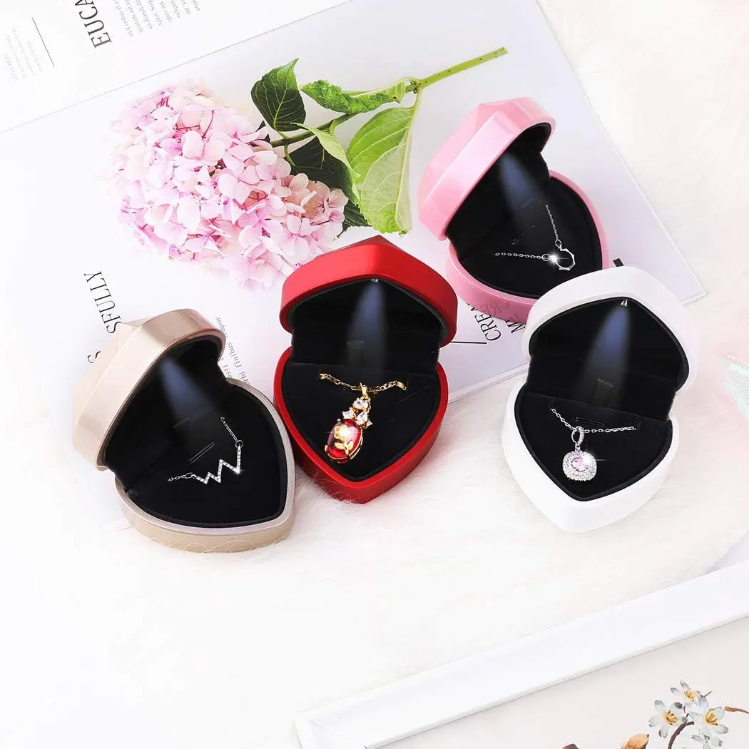 iSuperb Pendant Necklace Box with LED Light Heart Shape Jewelry Gift Box Bracelet Case for Anniversary Wedding Engagment (Golden)