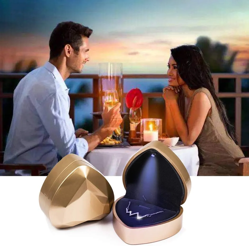 iSuperb Pendant Necklace Box with LED Light Heart Shape Jewelry Gift Box Bracelet Case for Anniversary Wedding Engagment (Golden)