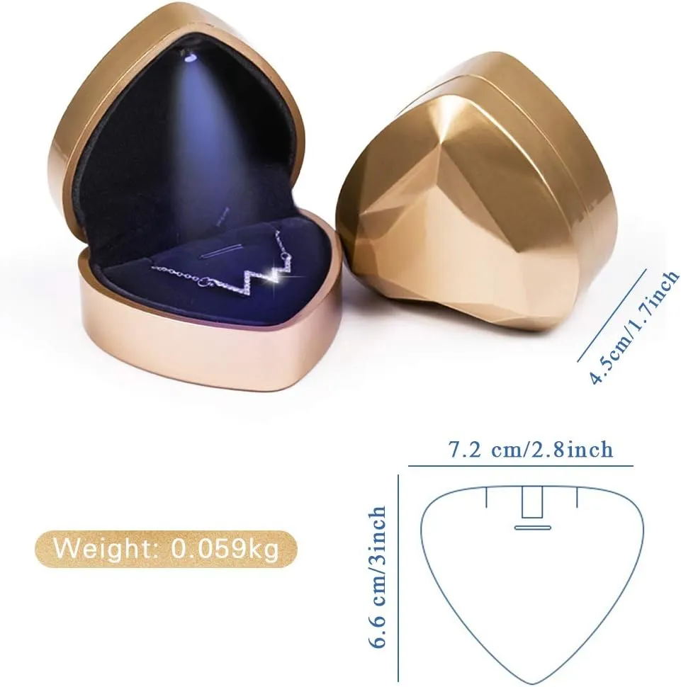 iSuperb Pendant Necklace Box with LED Light Heart Shape Jewelry Gift Box Bracelet Case for Anniversary Wedding Engagment (Golden)