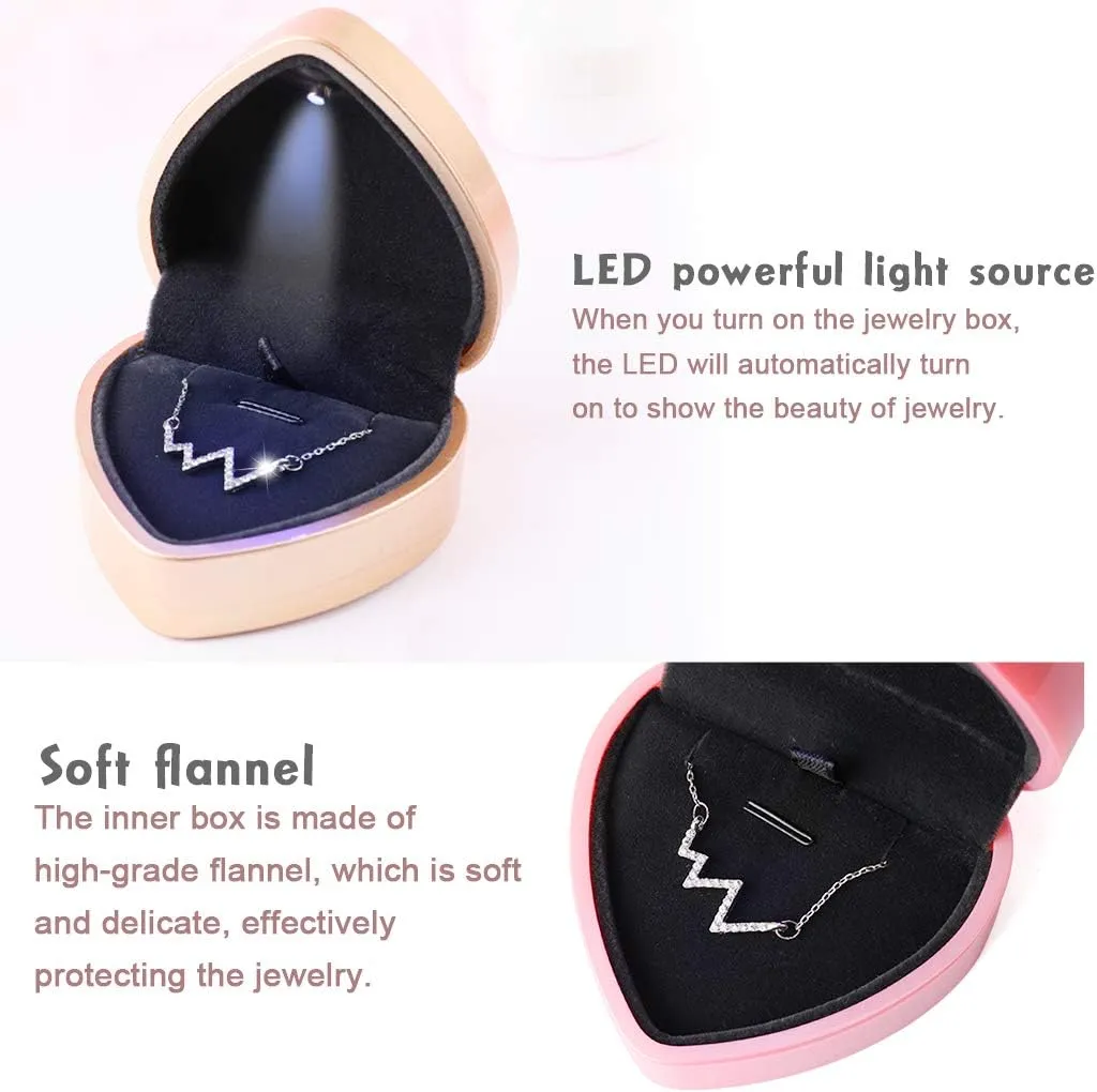 iSuperb Pendant Necklace Box with LED Light Heart Shape Jewelry Gift Box Bracelet Case for Anniversary Wedding Engagment (Golden)
