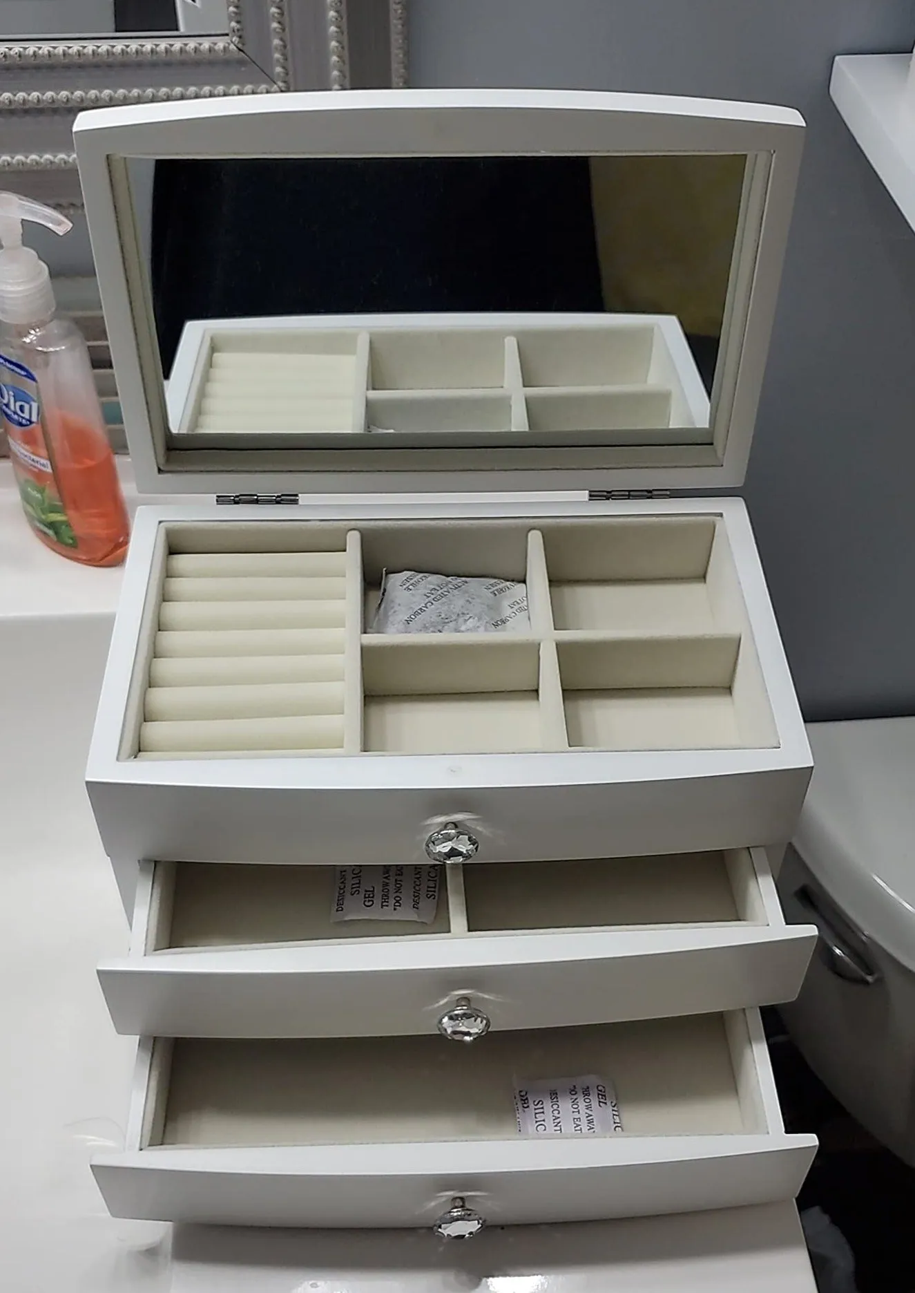 Jewelry Box Wooden Case 3 Layer Organizer with Large Mirror White