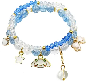 Kawaii Bracelets Cinnamoroll Crystal Beads Bracelet Set Cute Cartoon Elastic Beaded Pearl Blue Bracelets Jewelry for Women Blue Friendship Bracelet Christmas Stocking Stuffers for Women (Blue 2)