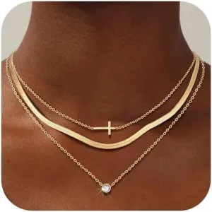 KSF Gold Layered Cross Necklace for Women - 14K Gold Plated Layered Cross Cubic Zirconia Pendant Necklace for Women Trendy Stack Jewelry Gift