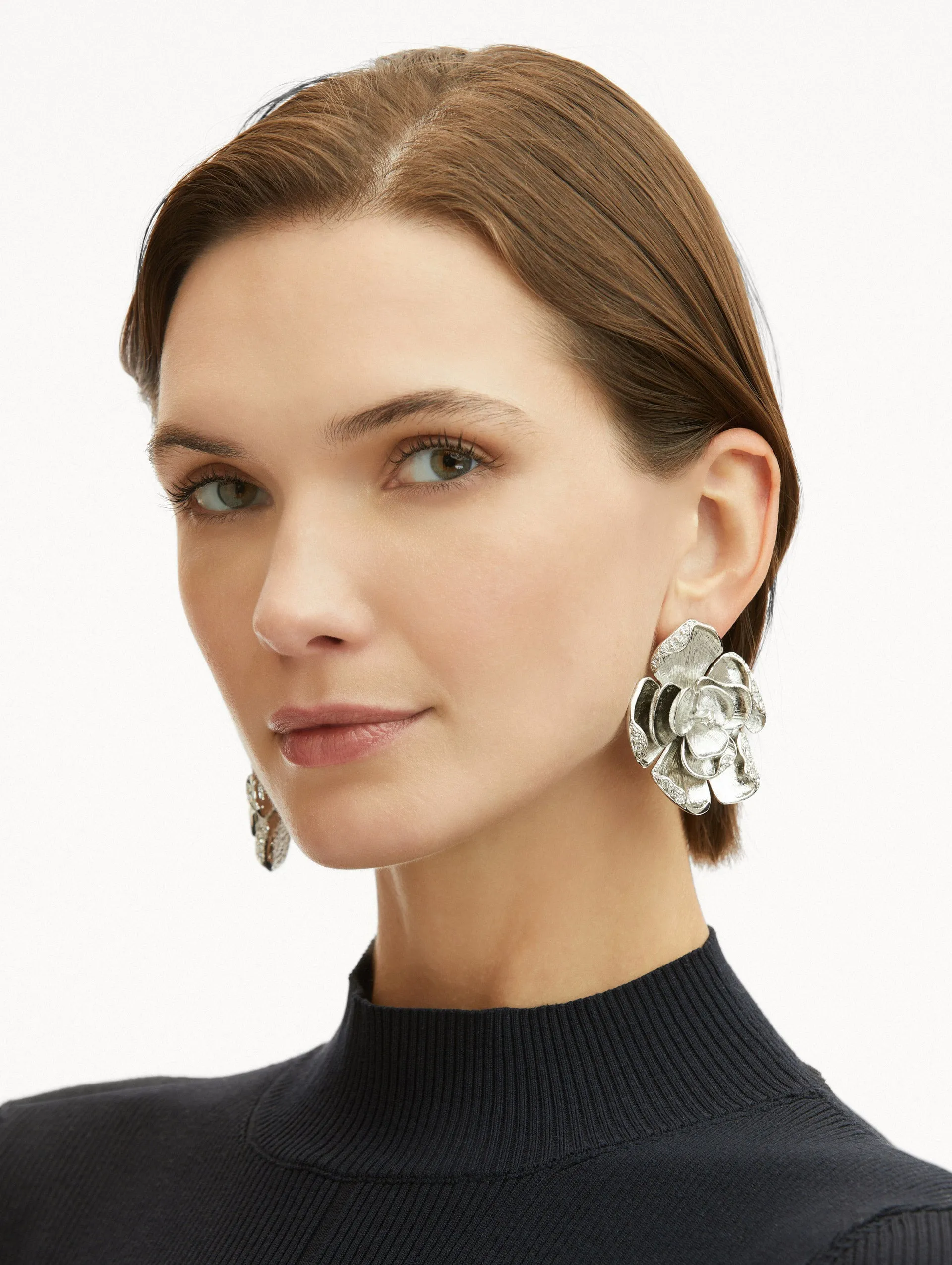 Large Pavé Rose Clip-On Earrings
