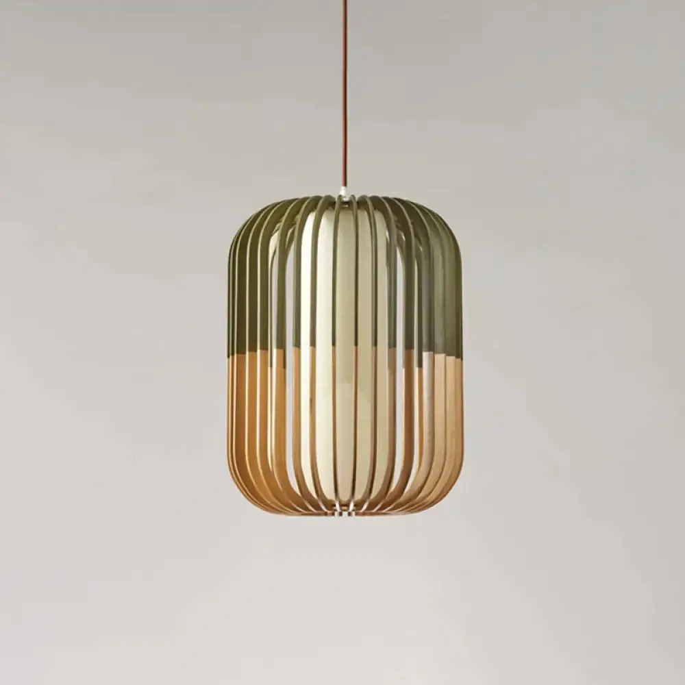 Modern Asian Bird Cage Ceiling Light - Wooden, Single Pendant Lamp for Restaurants, in Yellow-Green
