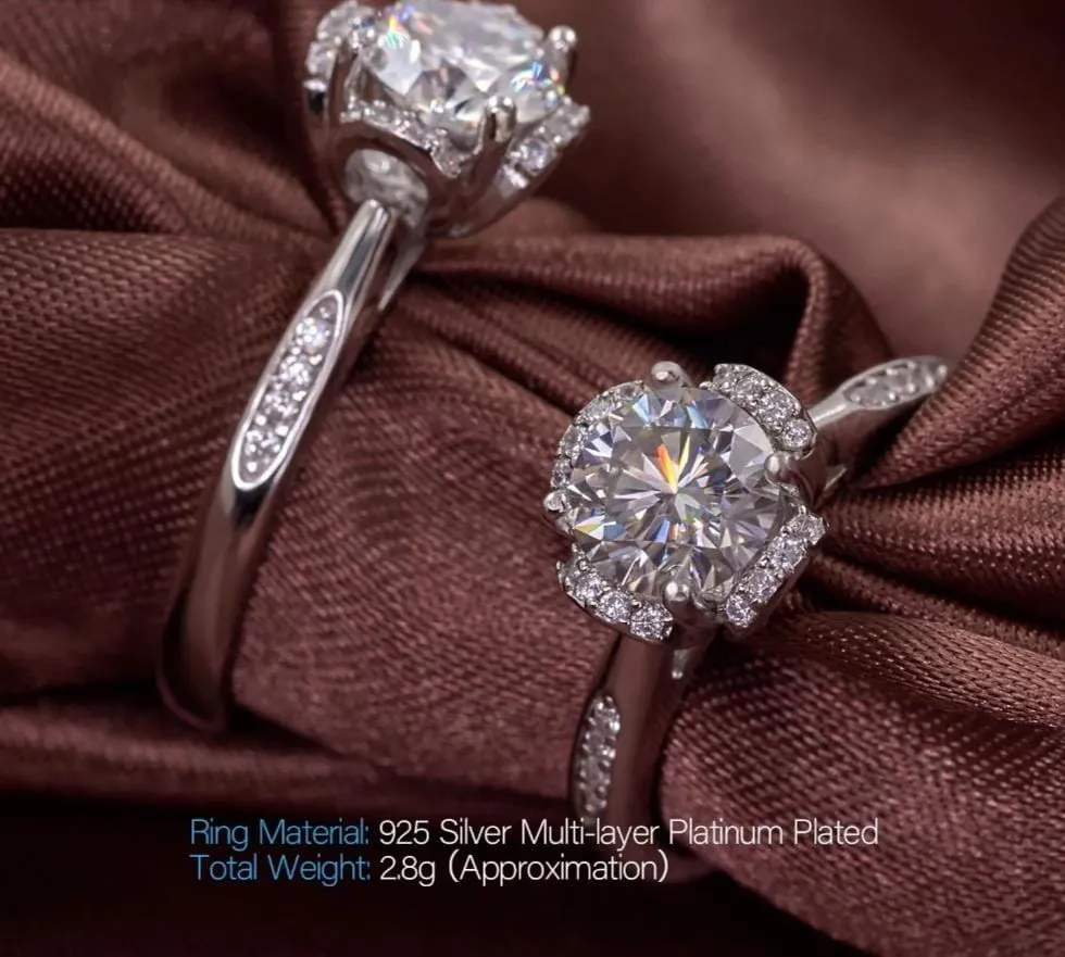 Platinum Plated Silver Moissanite Ring 1ct Center Stone