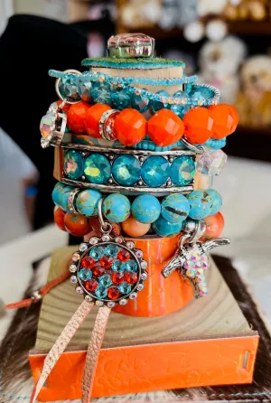 Sandra Ling 9 Piece Orange and Turquoise Longhorn Stretch Stack Bracelets