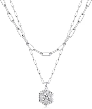 Silver Layered Initial Necklaces for Women, 14K White Gold Plated Paperclip Chain Necklace Hexagon Letter Pendant Initial Simple Choker Necklace Layered Silver Necklace for Women Jewelry Gifts