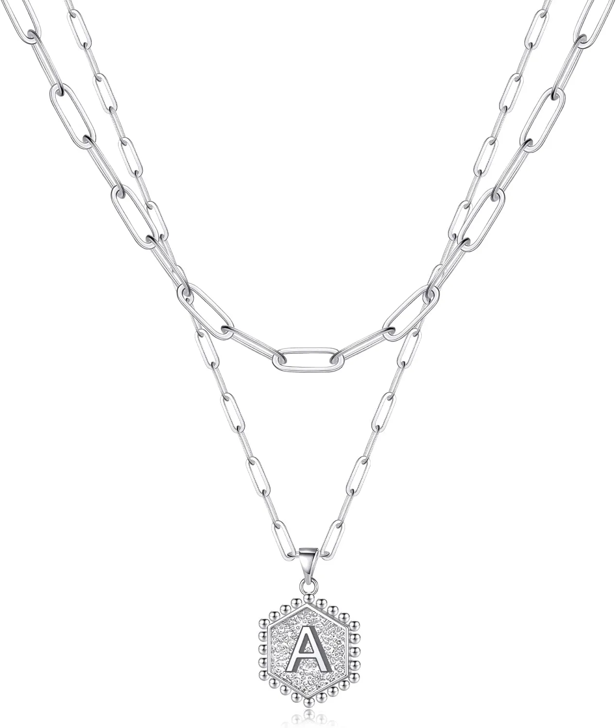 Silver Layered Initial Necklaces for Women, 14K White Gold Plated Paperclip Chain Necklace Hexagon Letter Pendant Initial Simple Choker Necklace Layered Silver Necklace for Women Jewelry Gifts