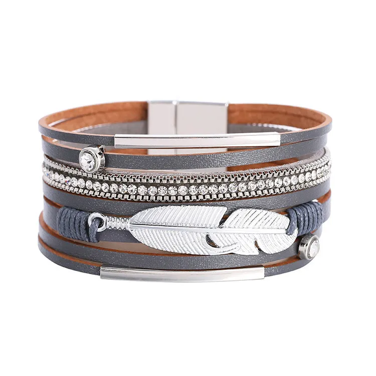 Sisslia Bohemian Multilayer Buckle Leather Bracelet Handmade Woven Magnetic Crystal Wide Band Feather Leather Bracelet