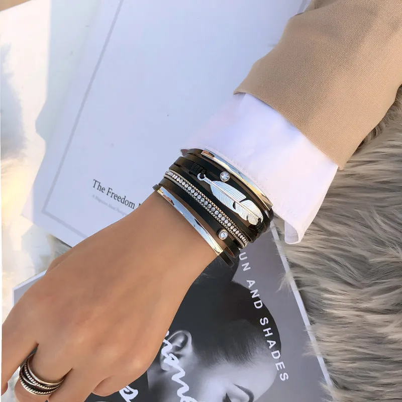 Sisslia Bohemian Multilayer Buckle Leather Bracelet Handmade Woven Magnetic Crystal Wide Band Feather Leather Bracelet
