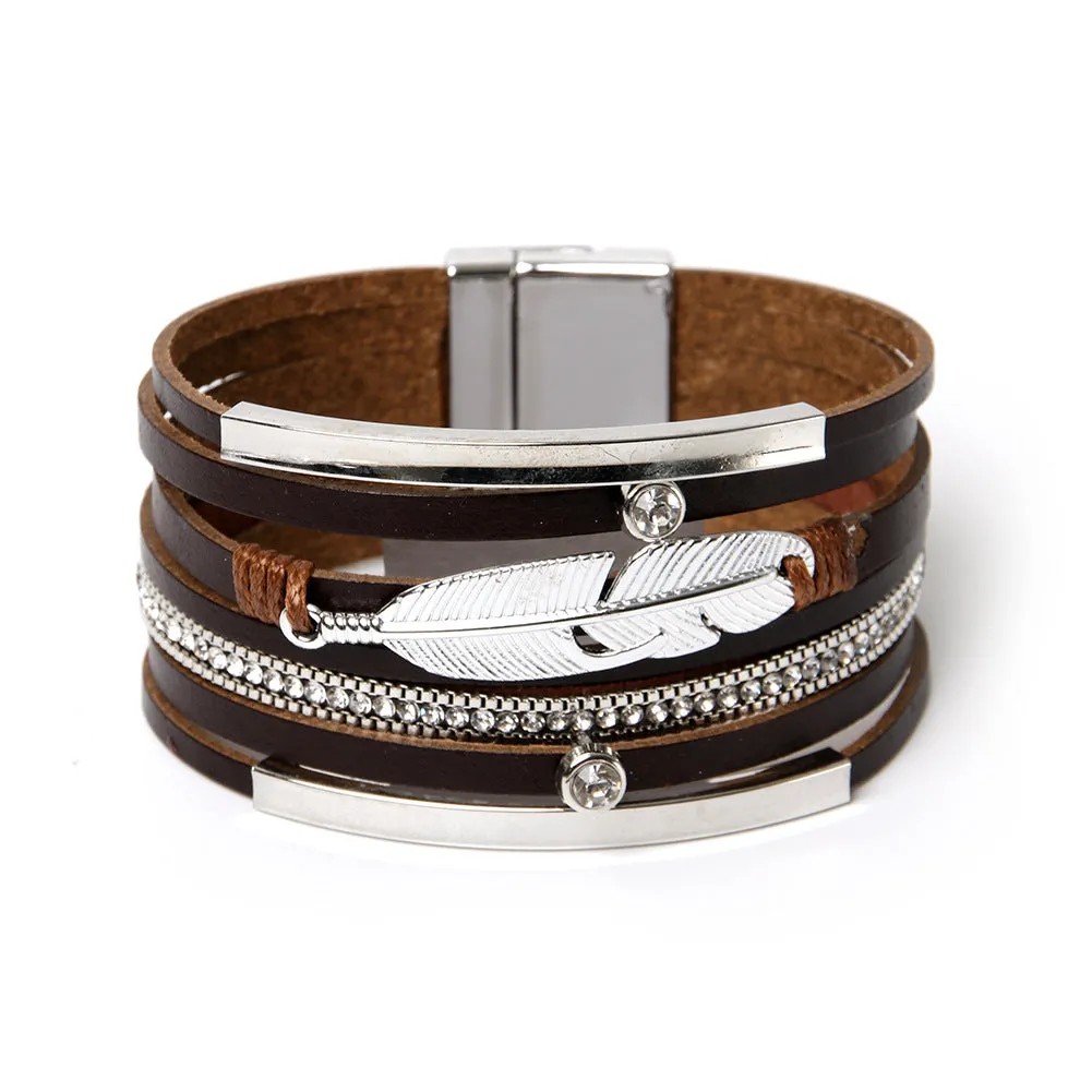 Sisslia Bohemian Multilayer Buckle Leather Bracelet Handmade Woven Magnetic Crystal Wide Band Feather Leather Bracelet
