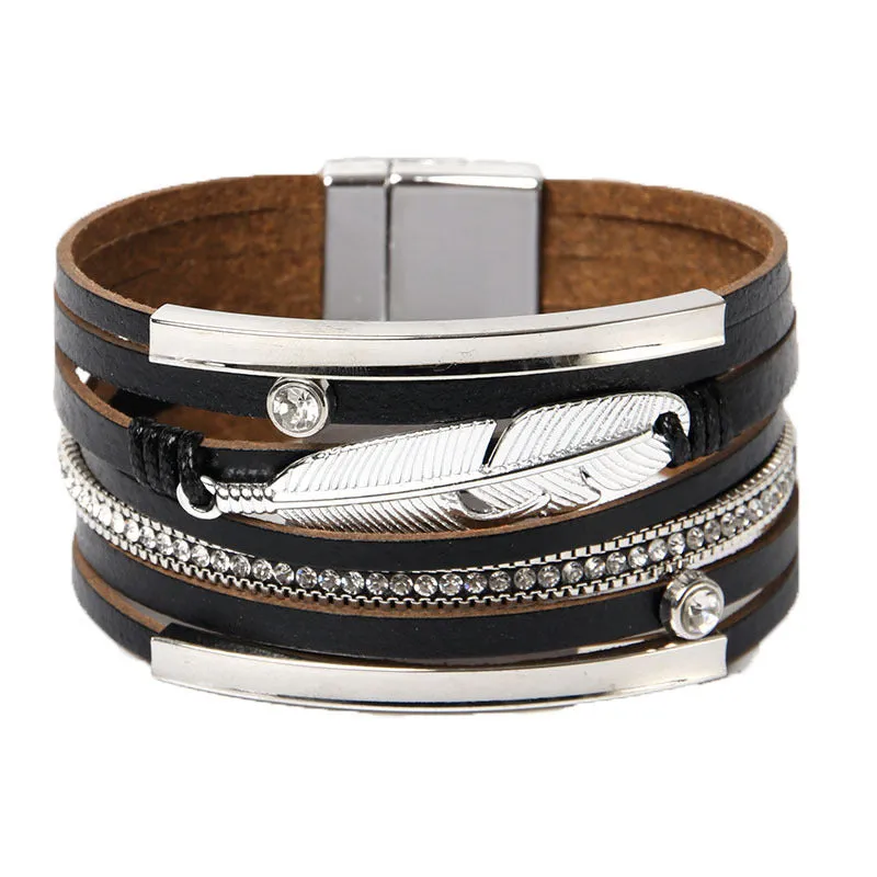 Sisslia Bohemian Multilayer Buckle Leather Bracelet Handmade Woven Magnetic Crystal Wide Band Feather Leather Bracelet