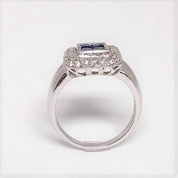Square Blue Sapphire and Diamond Halo Ring