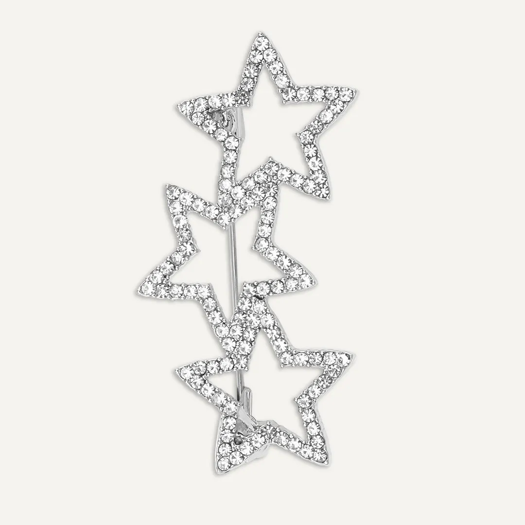 Triple Star Crystal Brooch In Silver-Tone