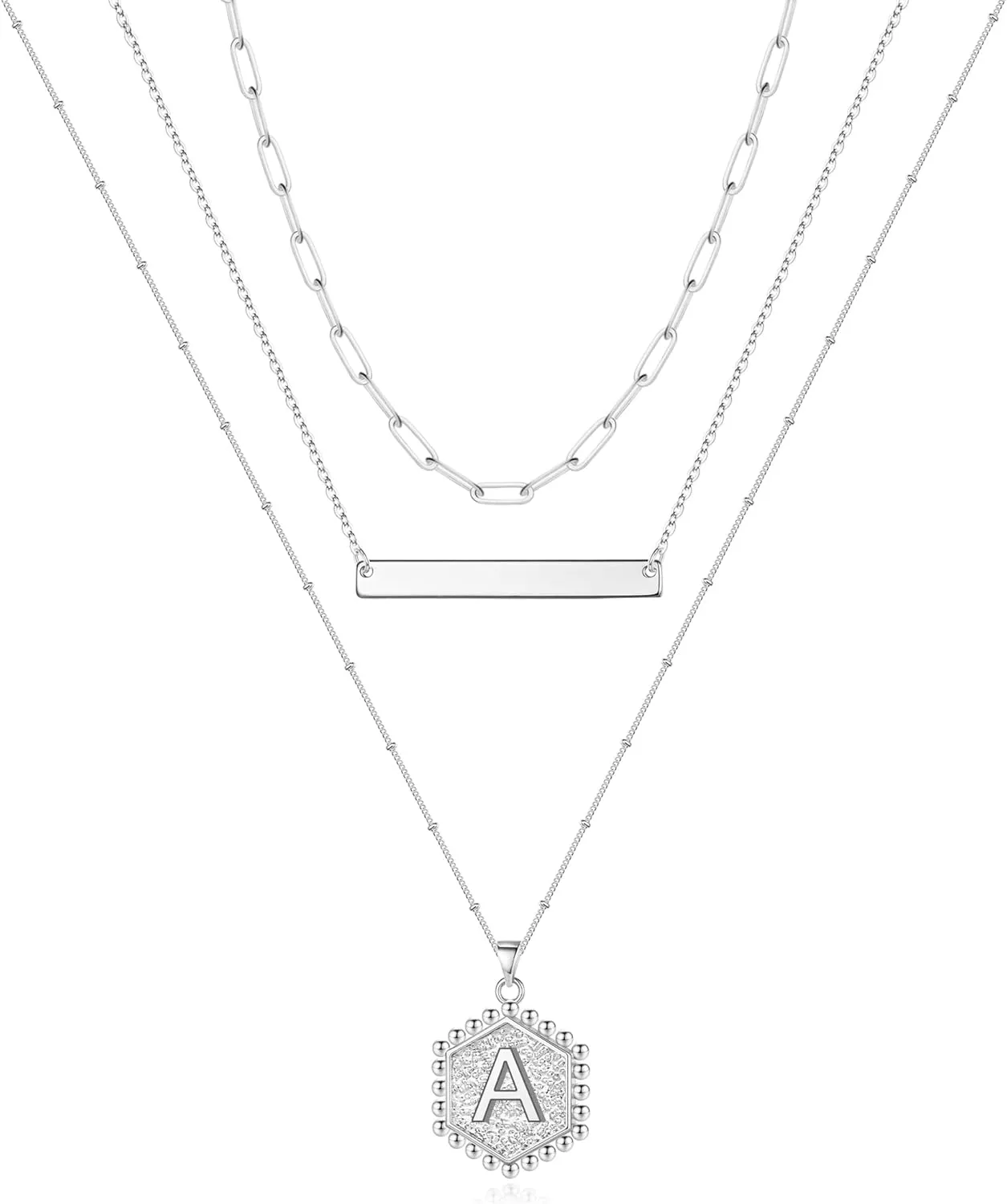 Turandoss Silver Layered Initial Necklaces for Women, 14K White Gold Plated Paperclip Chain Necklace Hexagon Letter Pendant Initial Layered Silver Necklace for Women Jewelry Gifts