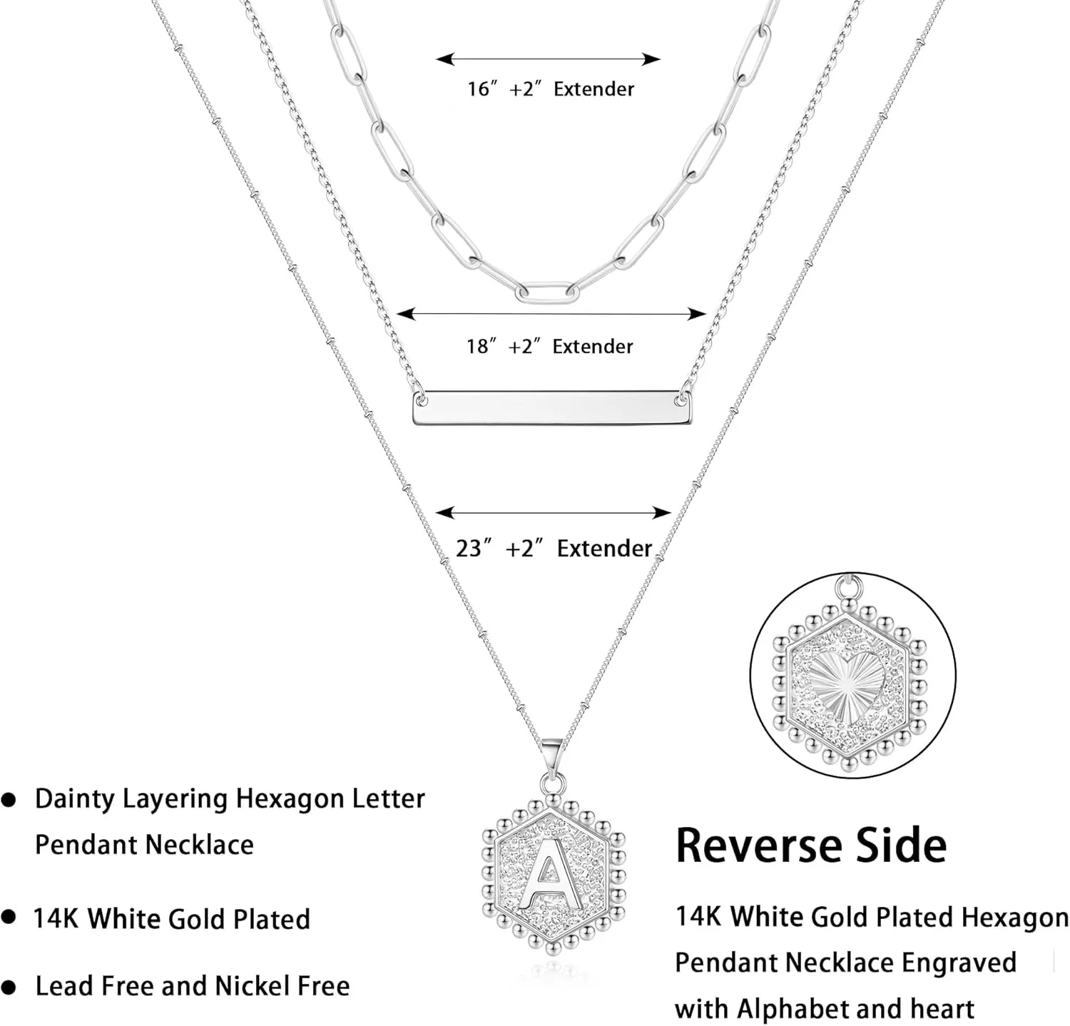 Turandoss Silver Layered Initial Necklaces for Women, 14K White Gold Plated Paperclip Chain Necklace Hexagon Letter Pendant Initial Layered Silver Necklace for Women Jewelry Gifts